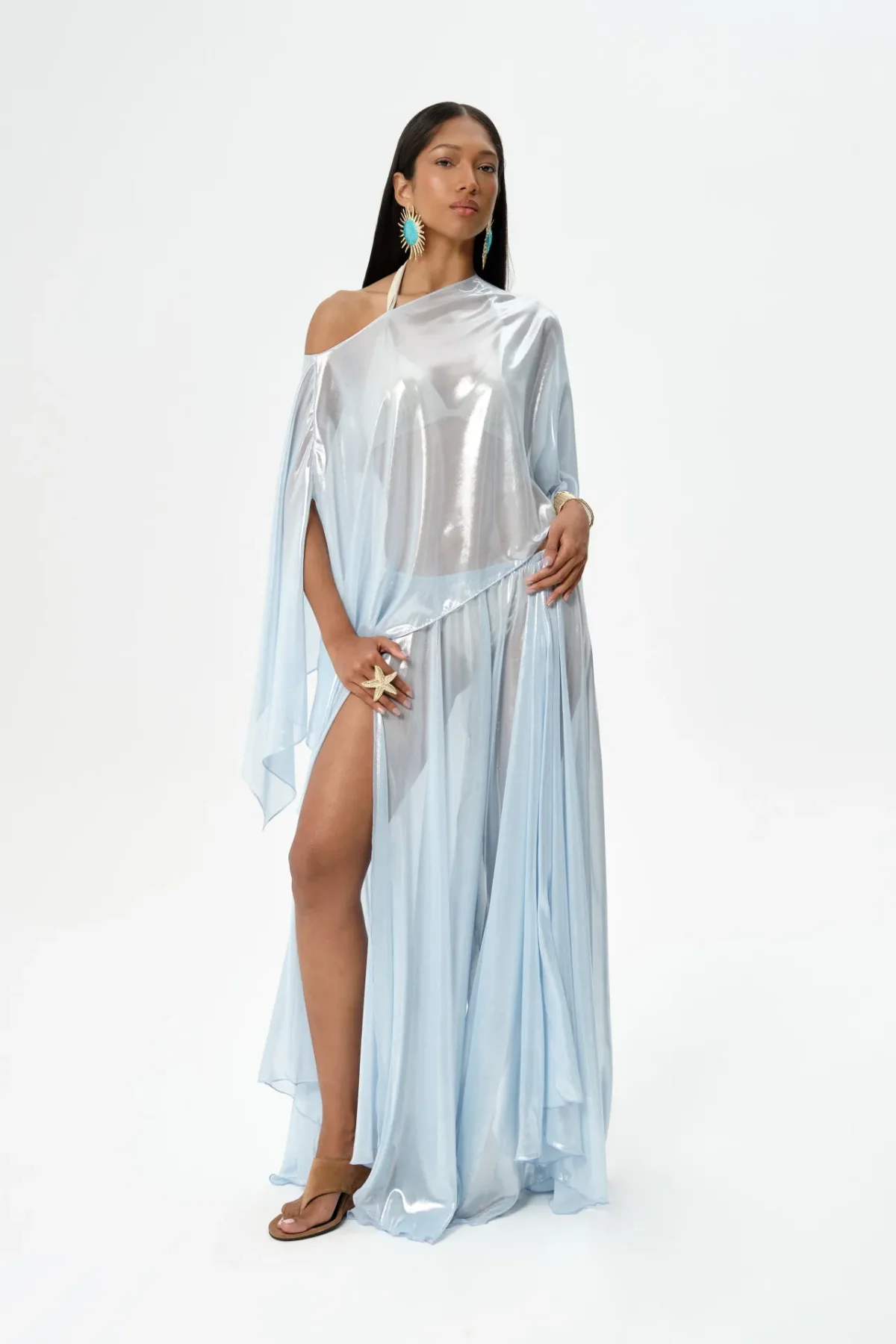 Goddess Parlak Bebek Mavisi Yırtmaçlı Pantolon