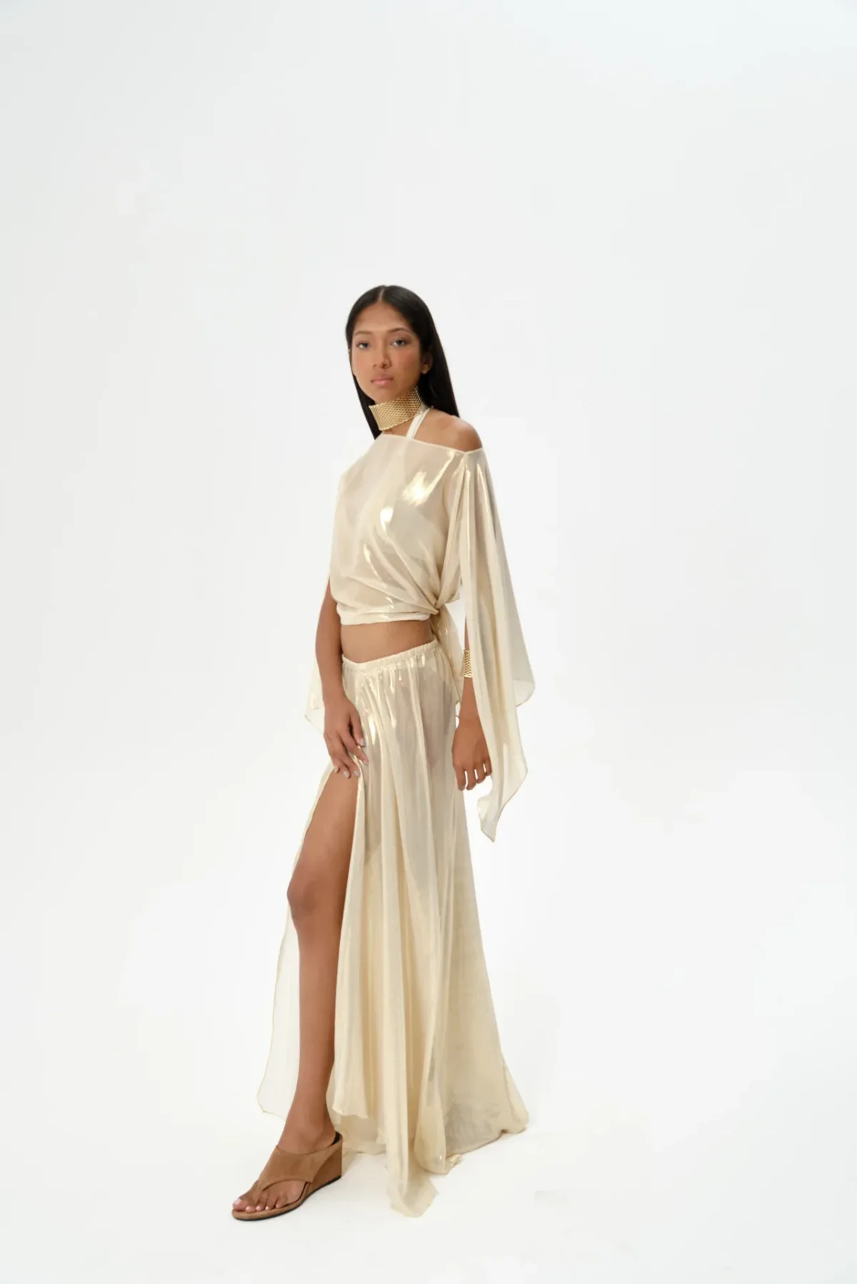 Goddess Parlak Gold Yırtmaçlı Pantolon