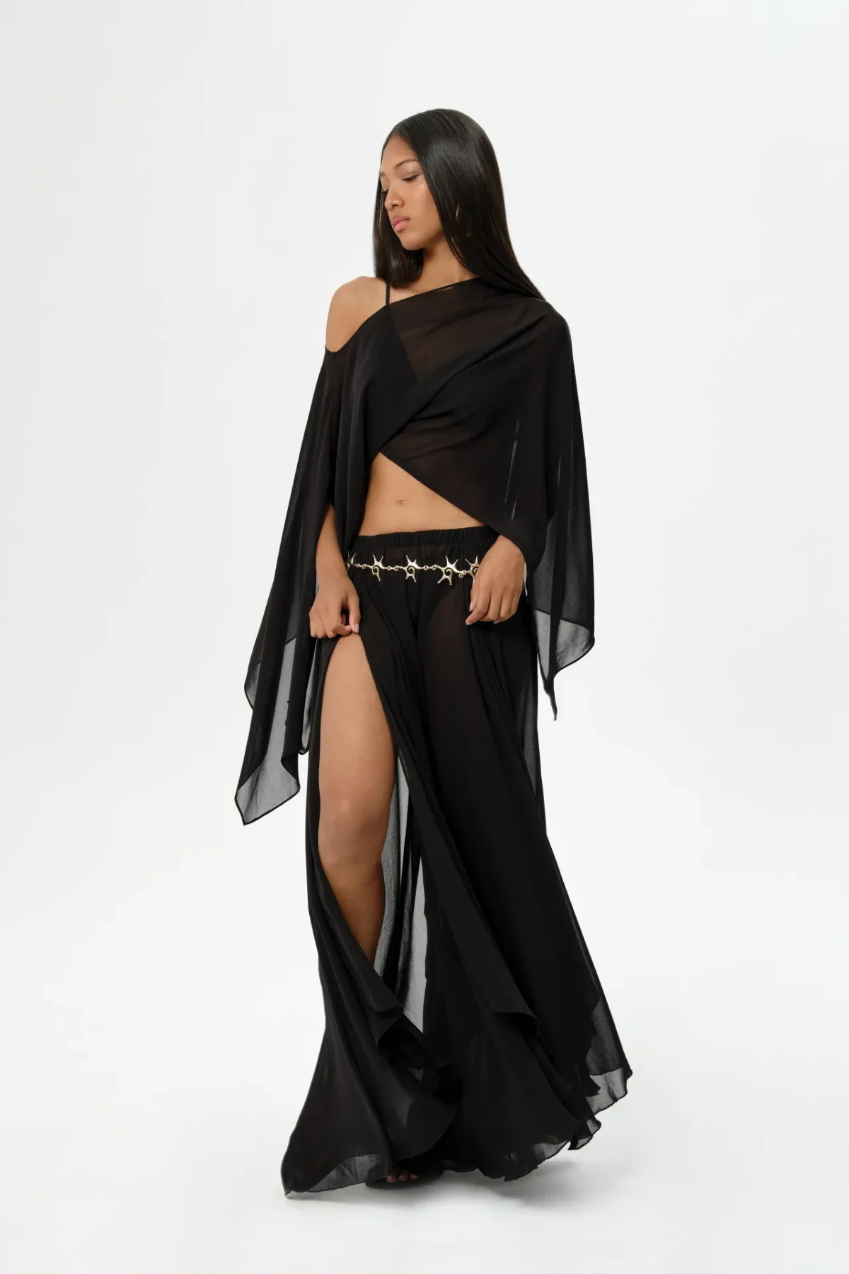 Goddess Mat Siyah Yırtmaçlı Pantolon