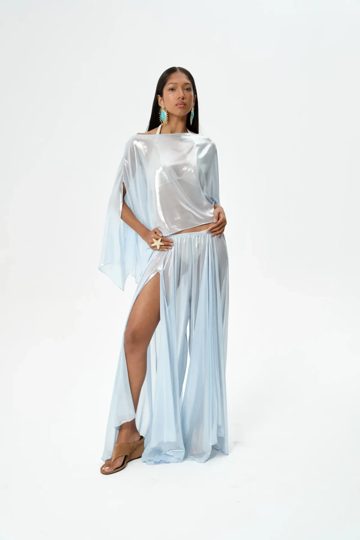 Goddess Parlak Bebek Mavisi Yırtmaçlı Pantolon